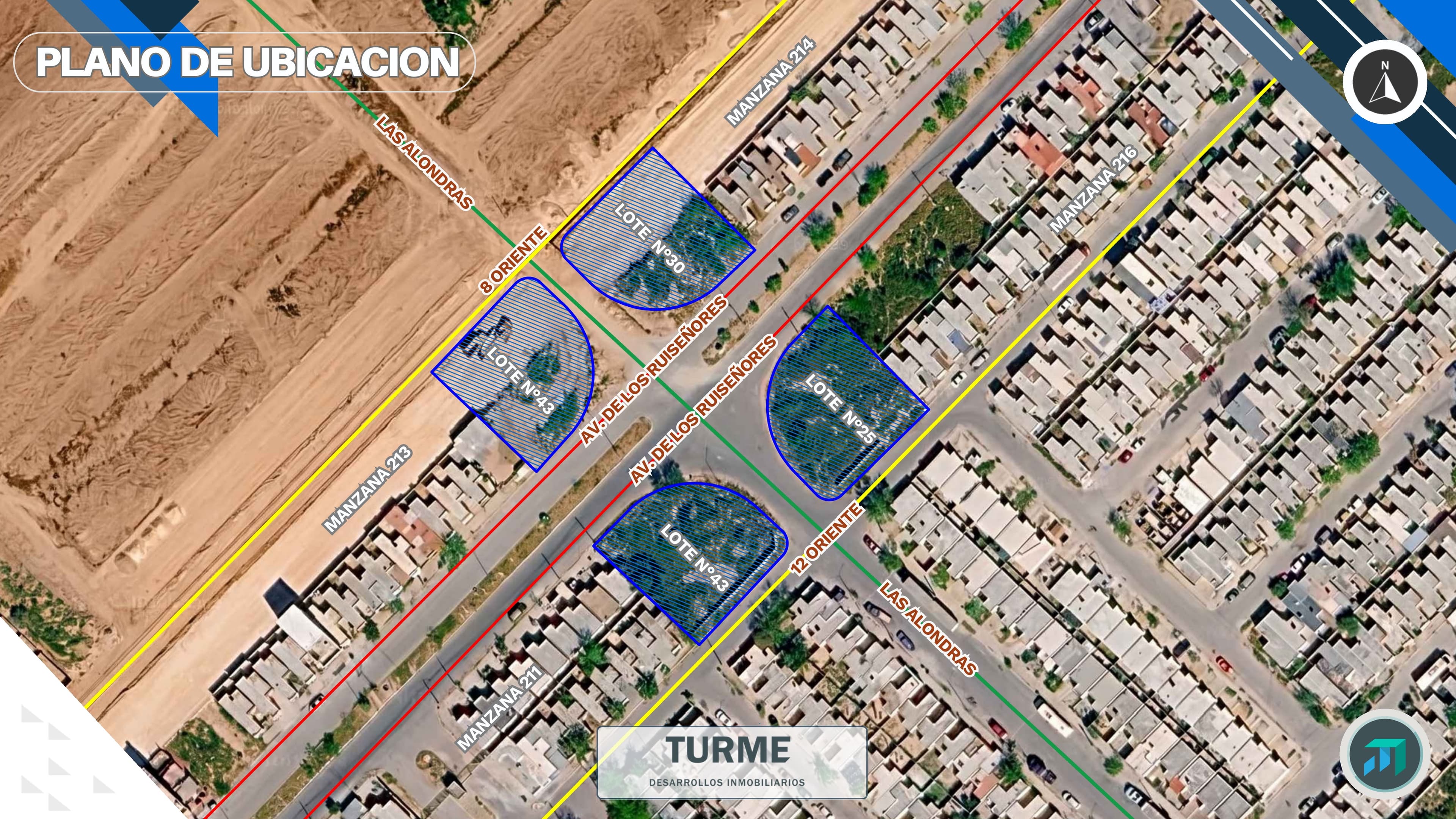 Detalle del cluster de 4 lotes comerciales en el cruce de Av. de los Ruiseñores
