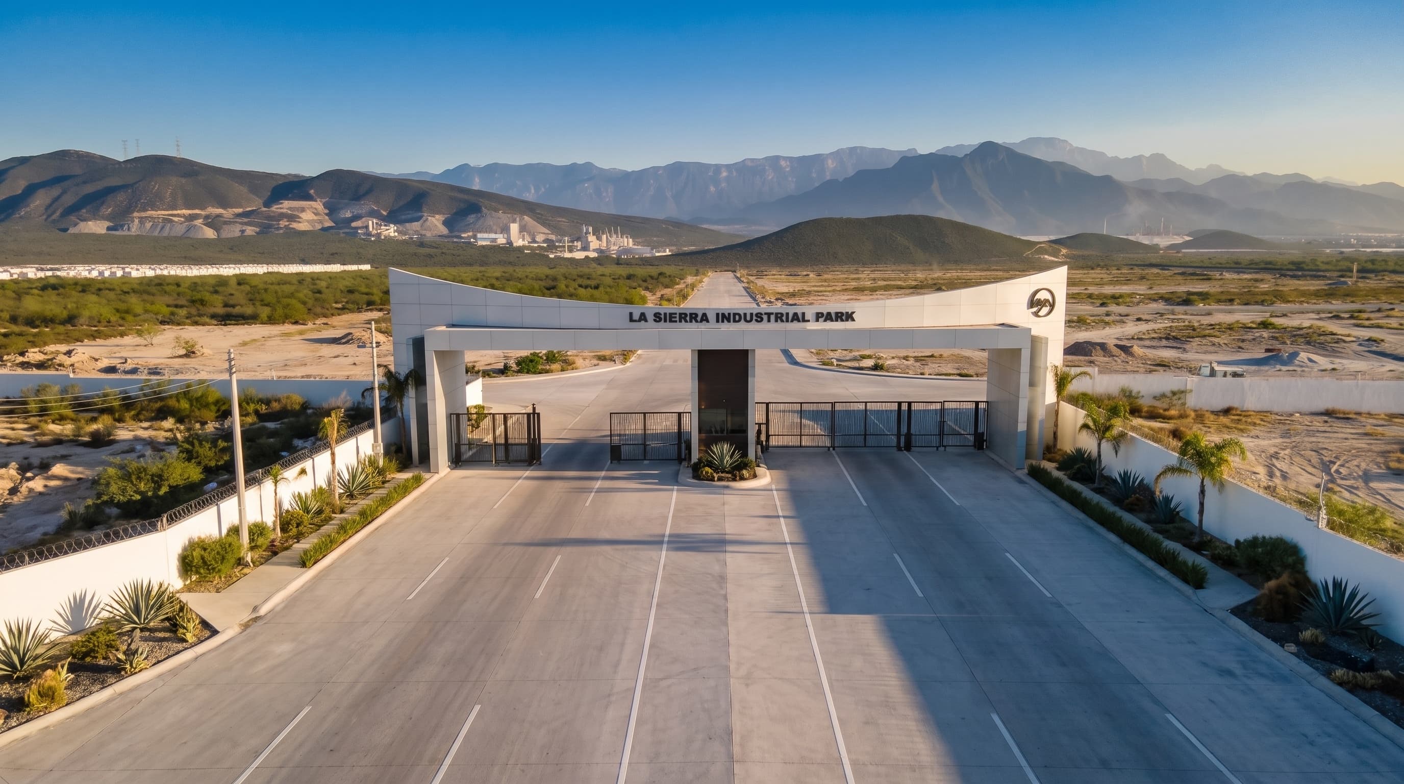 Render de proyección del acceso principal de La Sierra Industrial Park sobre Av. Lincoln