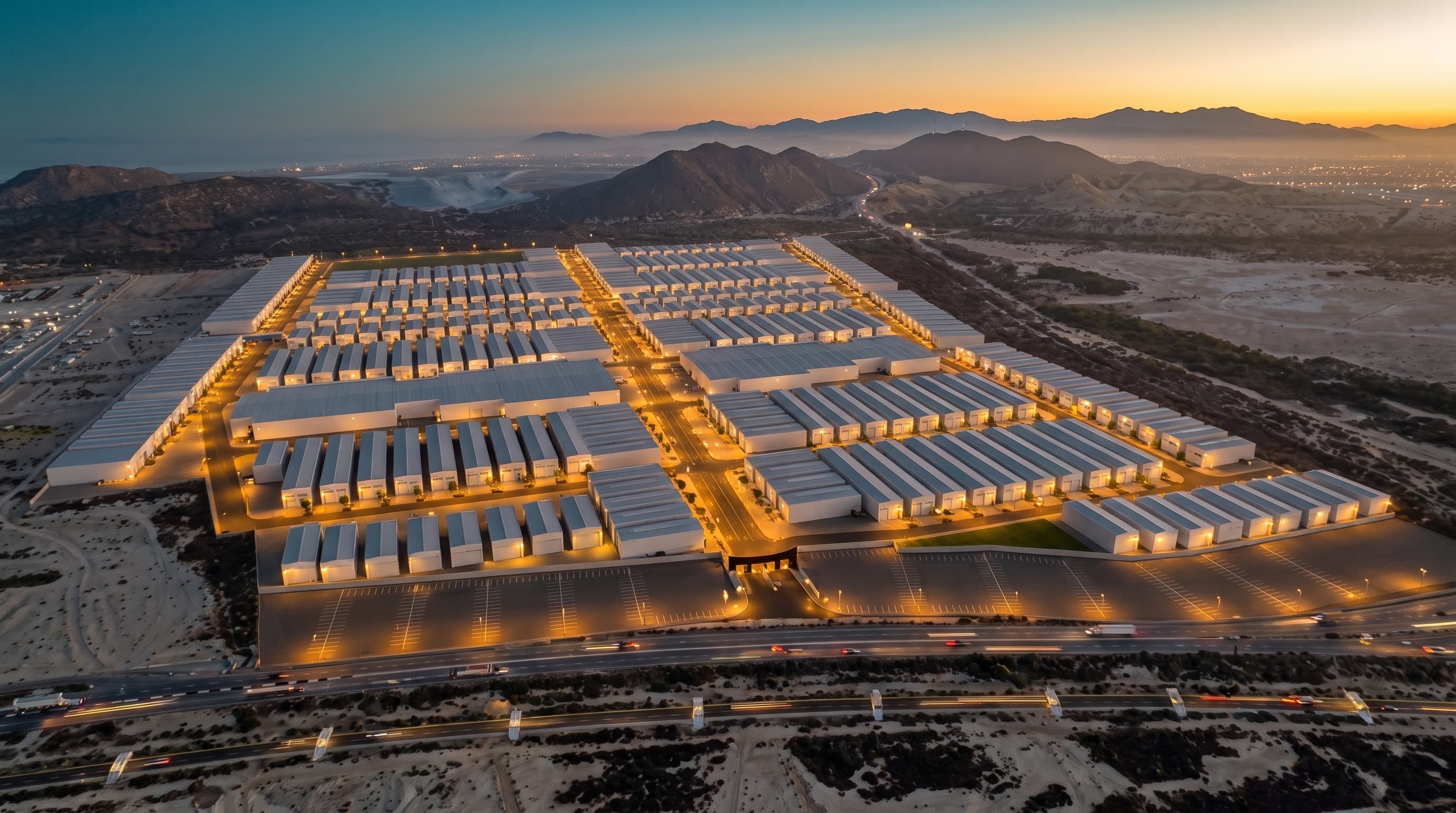 Render de proyección de La Sierra Industrial Park al atardecer, con las naves construidas a futuro